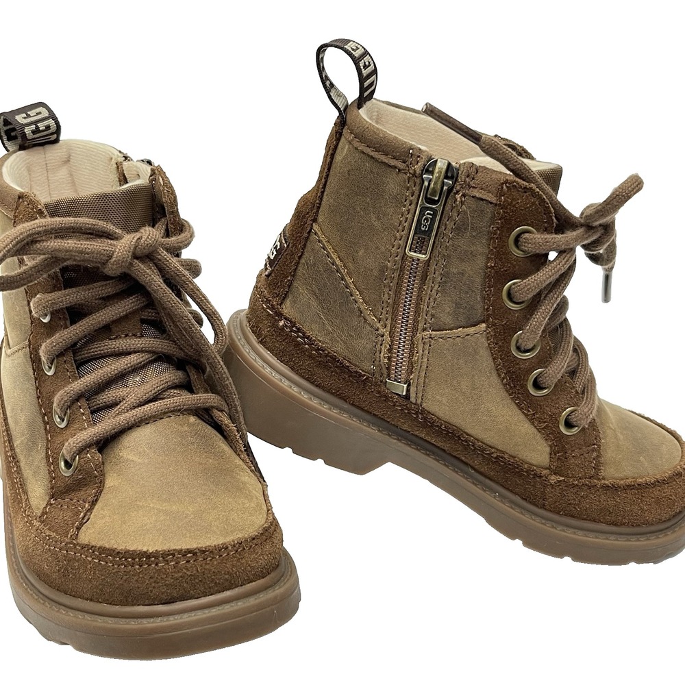 Ugg Robley Unisex Kids 10 Brown Leather Lace-Up Zipper All Weather Shoes Boots - Picture 5 of 9
